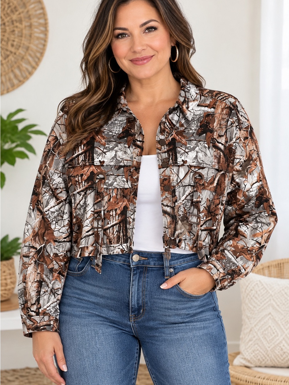 American Bazi Cropped Utility Jacket in Brown and Gray Camo